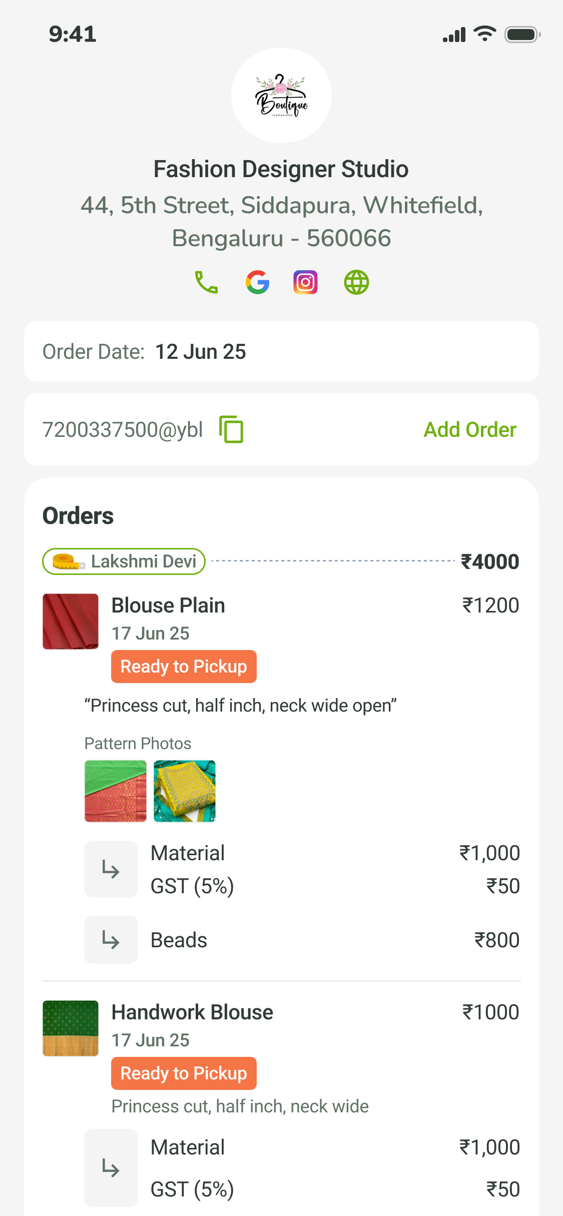 SuHappy bill shared with the customer, showing boutique details and order pricing